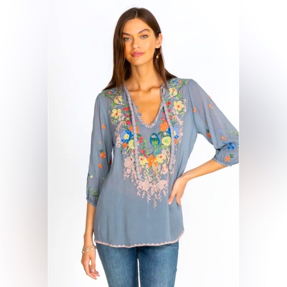 Johnny Was Taifa Blouse Blue Grey Embroidered Floral Peasant V-Neck Boho Medium - Picture 1 of 10